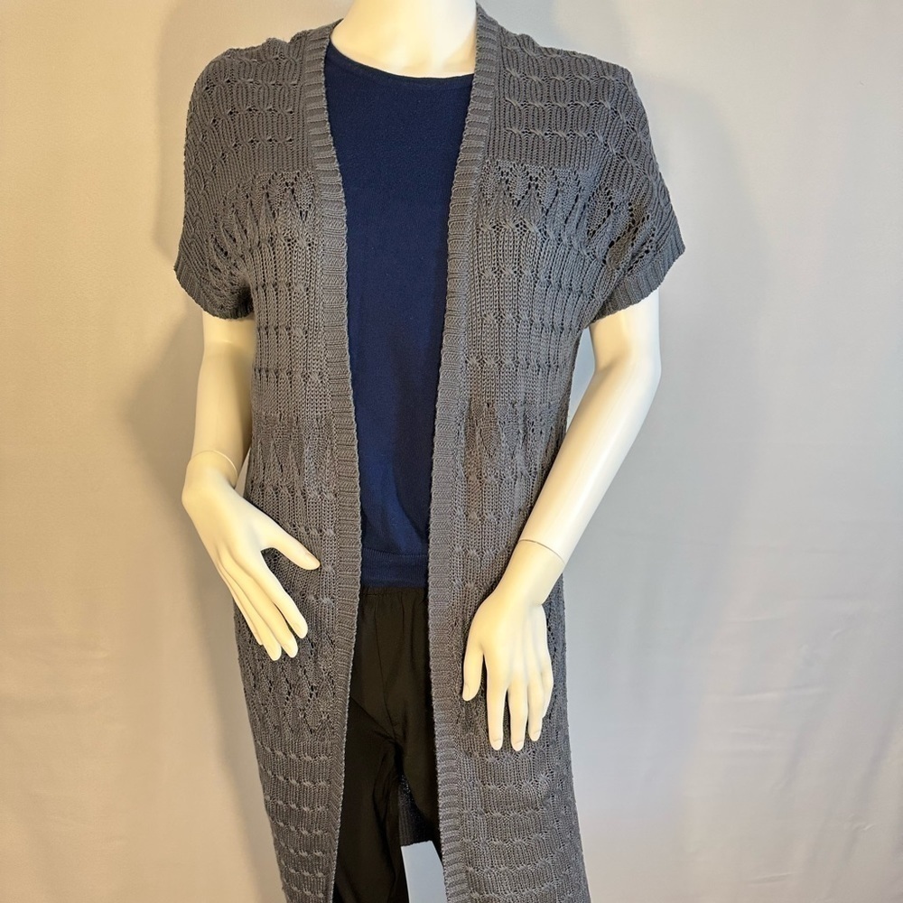 NY Collection Womens Size S Short Sleeve Knit Gray Open Front Duster Sweater